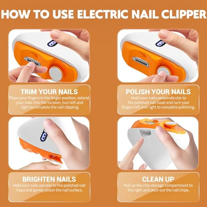 JUNZUP Electric Nail Clipper, 3 Speeds Electric Toenail Clipper, Automatic 2 in 1 Electric Nail Trimmer Grind Nail Care Tool with LED Light, Safe for Babies, Seniors and Adults (Dark Orange) by JUNZUP - Image 6