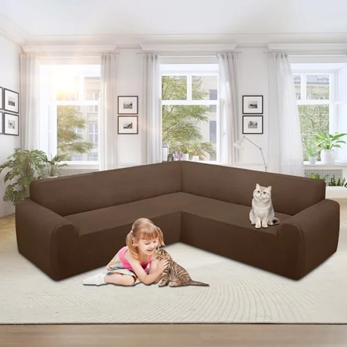 ALIECOM Stretch Corner Sectional Couch Covers L Shape Sofa Covers Washable Sectional Slipcovers U Shape Jacquard Living Room Pet Dogs Furniture Protector with Elastic Bottom (Dark Coffee, X-Large) by ALIECOM - Image 2