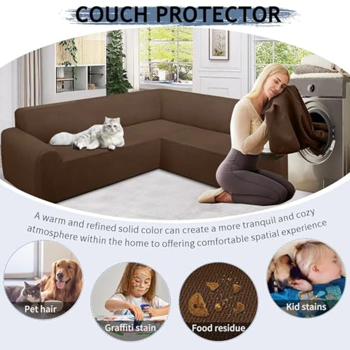 ALIECOM Stretch Corner Sectional Couch Covers L Shape Sofa Covers Washable Sectional Slipcovers U Shape Jacquard Living Room Pet Dogs Furniture Protector with Elastic Bottom (Dark Coffee, X-Large) by ALIECOM - Image 6