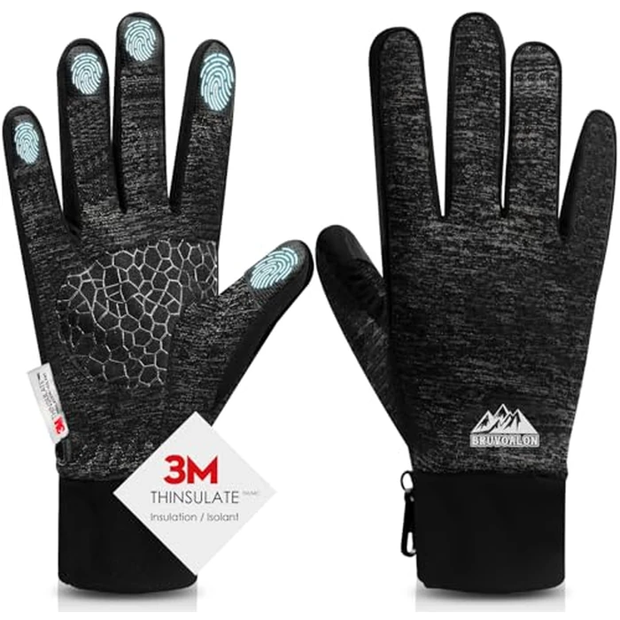 Bruvoalon Winter Gloves for Women & Men, 3M Thermal Insulation, Lycra Fabric, Touchscreen, Anti-Slip, Black/Gray, L by Bruvoalon - Used - Like New condition - US$16.14