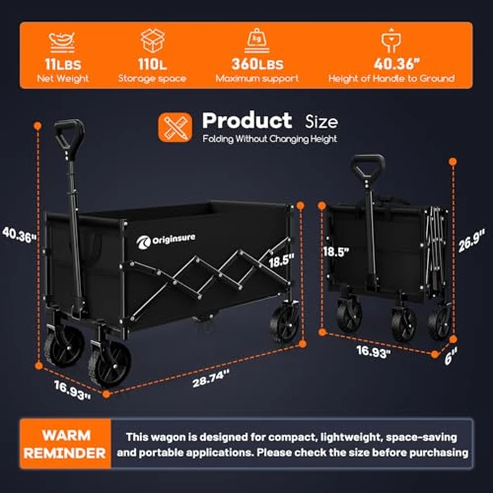 Originsure Collapsible Wagon Cart Foldable - Lightweight Portable Heavy Duty Folding Beach Wagons with Wheels - Outdoor Utility Carts for Grocery, Camping, Shopping, Sports, Garden with Large Capacity by Originsure - Image 3