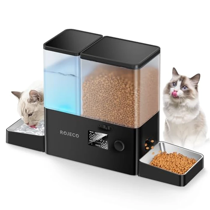 Rojeco 36Cups/8.5L Pet Automatic Cat Feeder and Gravity Water Dispenser,Stainless Steel Bowls 2-in-1 Set Large Capacity 5L Food Feeder and 3.5L Water Fountain for Cats,Pets,Small Dogs,Black by ROJECO - Used - Acceptable condition