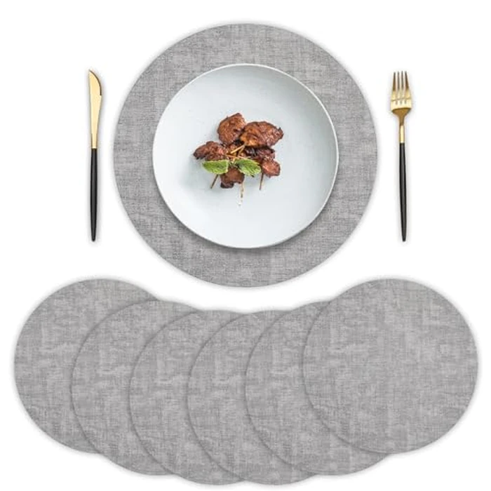 Round Placemats Set of 6, Faux Leather Place Mats, Heat Resistant Dining Table Mats, Hot Pads for Kitchen, 13 Inch Farmhouse Wipeable Waterproof Placemat for Kitchen Table Decor (Gray) by Jukercici - Image 1