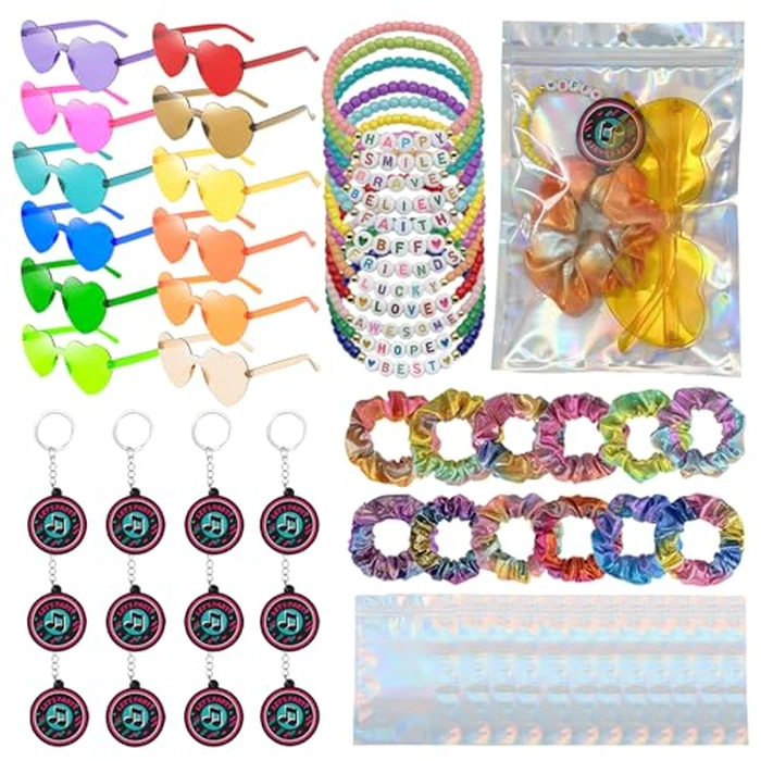 HUAJIANAIKE 60 Pcs Kpop Disco Party Favors Friendship Bracelet Kit Sunglasses Scrunchies Music keychains Gift Bags for Y2k K Pop Birthday Decorations Galentine's Day by HUAJIANAIKE - Used - Very Good condition