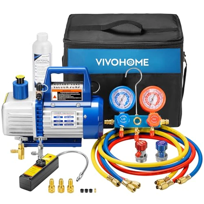 VIVOHOME 110V 1/3 HP 4CFM Single Stage Rotary Vane Air Vacuum Pump and R134a AC Manifold Gauge Set Kit with Leak Detector Carry Bag for HVAC Air Conditioning Refrigeration Recharging ETL Listed by VIVOHOME - Used - Very Good condition - US$103.99
