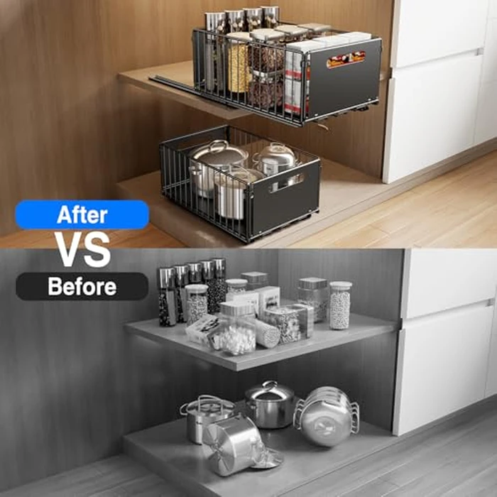 Mustorn 2 Pack Pull Out Cabinet Organizer, Slide Out Drawers for Cabinets, Peel and Stick, Heavy Duty Shelves for Kitchen, Cupboard, Pantry, Bathroom (14.76" D*9.65" W*7.87" H-Black) by Mustorn - Image 5