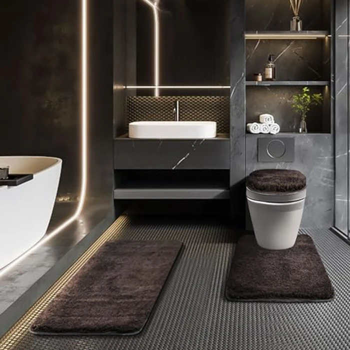 Baahrnom Bathroom Rugs Sets 3 Piece with Adjustable Toilet Seat Cover 17.5"x 15" Machine Washable Bath Rug Set with TPR Non Slip Rubber Backing Solid Bath Mat Set for Luxury Bathroom Decoration by Baahrnom - Used - Like New condition - US$32.28