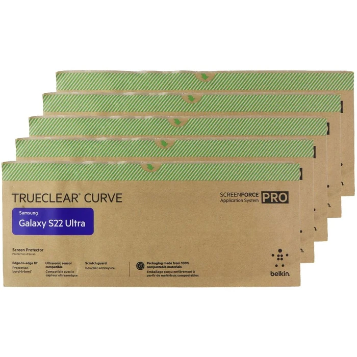 Belkin ScreenForce Pro TrueClear Curve for Galaxy S22 Ultra (5-Pack) - Clear by Belkin - Refurbished - Brand New condition