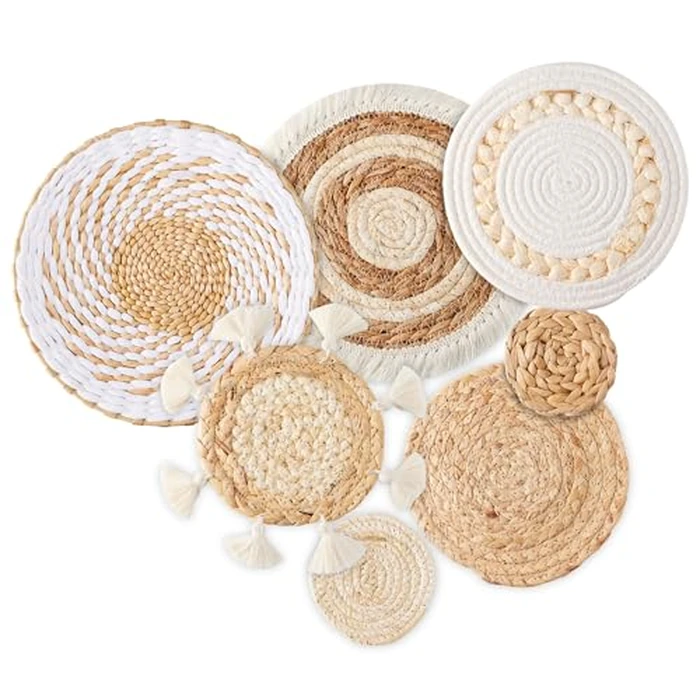 7 Pack Boho Wall Basket Decor - Seagrass Rattan Wicker Wall Decor Round Handmade Hanging Rustic Flat Elegant Wall Art for Farmhouse Living Rooms Bedrooms Display Table Settings Kitchen Home by Dimpola - Used - Very Good condition - CA$26.17