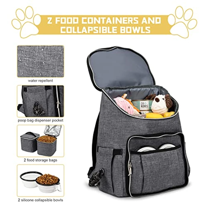 BAGLHER Travel Dog Backpack - Detachable Travel Dog Food Container for Pet Supplies Dog Gear Backpack,Dog Bag for Traveling with 2 Silicone Collapsible Bowls and 2 Food Baskets Grey by BAGLHER - Image 3