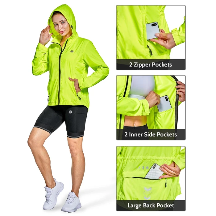 FitsT4 Sports Women's Cycling Running Jackets Lightweight Windproof Bike Windbreaker Reflective with Hood Fluorescent Yellow Size XL by FitsT4 Sports - Image 3