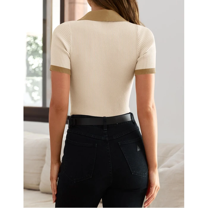 ZESICA Women's Short Sleeve V Neck T Shirts 2026 Summer Ribbed Knit Slim Fitted Basic Solid Color Tee Tops,Beige,Medium by ZESICA - Image 4