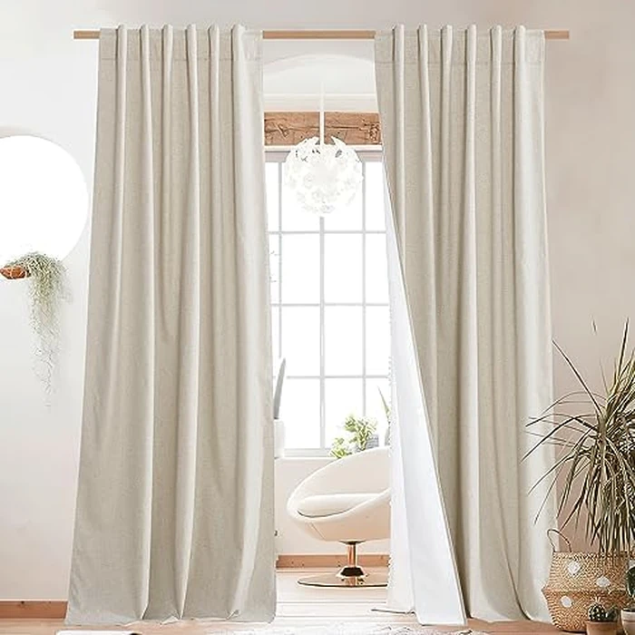 NICETOWN 100% Blackout Natural Linen Curtains 95 Inches Length, Back Tab & Rod Pocket Window Draperies 2 Panels with Thermal Insulated Liners for Living Room/Bedroom, 52 Inches Width by NICETOWN - Image 1