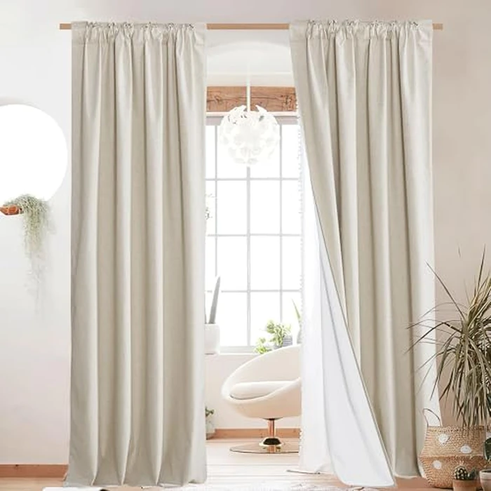 NICETOWN 100% Blackout Natural Linen Curtains 95 Inches Length, Back Tab & Rod Pocket Window Draperies 2 Panels with Thermal Insulated Liners for Living Room/Bedroom, 52 Inches Width by NICETOWN - Image 2