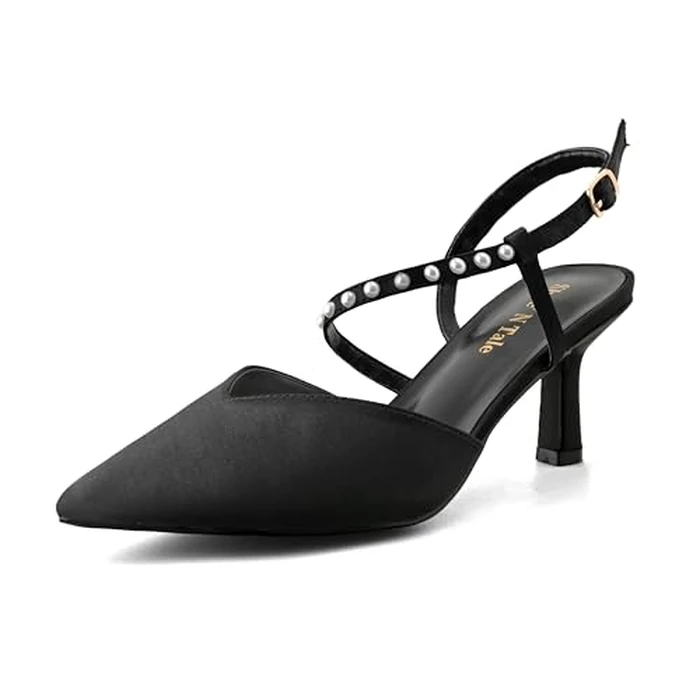 Shoe'N Tale Womens Pearl Kitten Heels Stiletto Pumps Closed Pointed Toe Ankle Strap Satin Dress Wedding Bride Shoes(6.5,Black) by Shoe'N Tale - Image 1