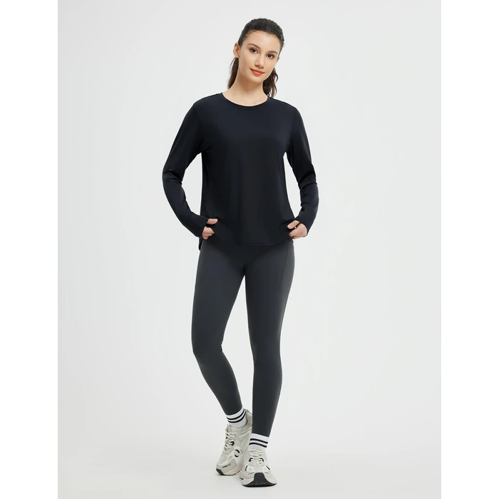 baleaf Women's Long Sleeve Workout Shirts Lightweight Quick Dry Running Athletic Yoga Tops with Curved Hem Thumb Loop Black S by baleaf - Image 3