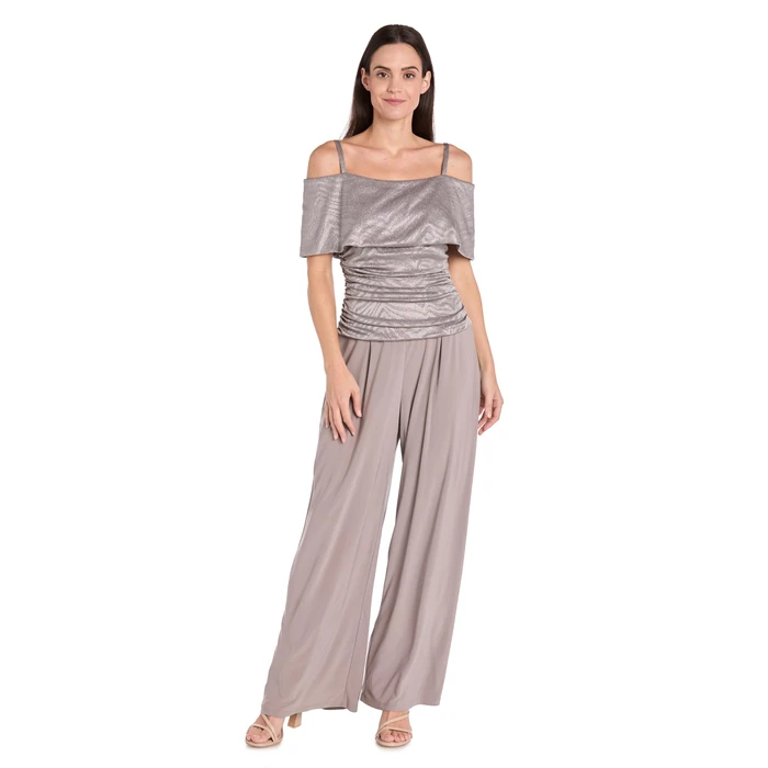 R&M Richards Women's Glam Glitter Jacquard Cold-Shoulder Jumpsuit W/Ruched Bodice & Wide Legs by R&M Richards - Used - Like New condition