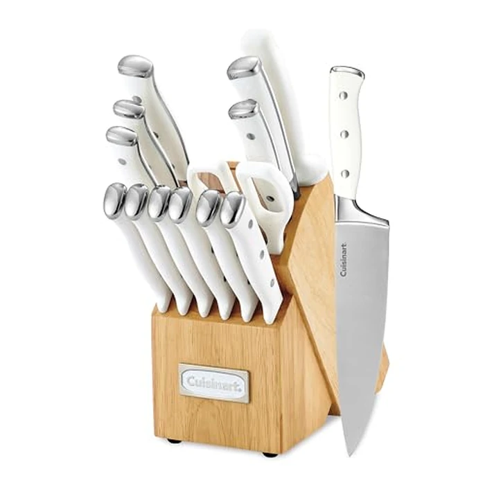 Cuisinart 15-Piece Knife Set with Block, High Carbon Stainless Steel, Forged Triple Rivet, White, C77WTR-15P by Cuisinart - Used - Very Good condition - US$72.07