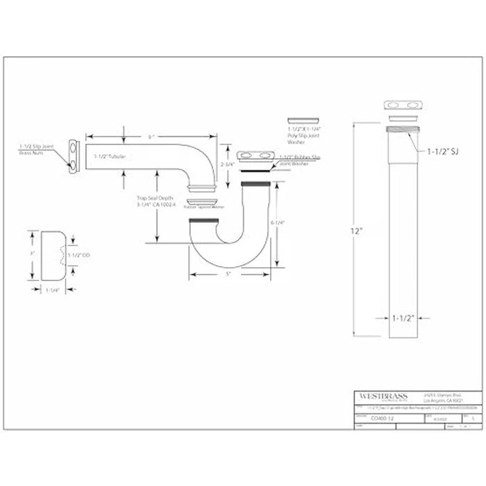 Westbrass CO400-12-01 1-1/2" Brass Bathroom Sink P-Trap with 12" Slip Joint Extension Tube, Polished Brass by Westbrass - Image 7
