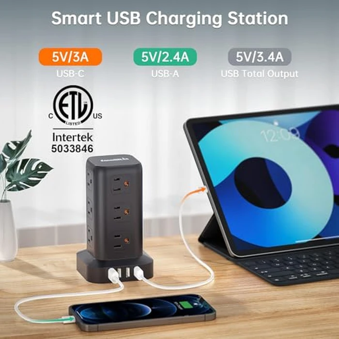 Extension Cord with Multiple Outlets, SMALLRT Surge Protector Power Strip Tower, Outlet Extender with 12 AC Outlets 4 USB, 6.5FT Extension Cord for Home Dorm Room, Office Supplies,Overload Protection by SMALLRT - Image 1