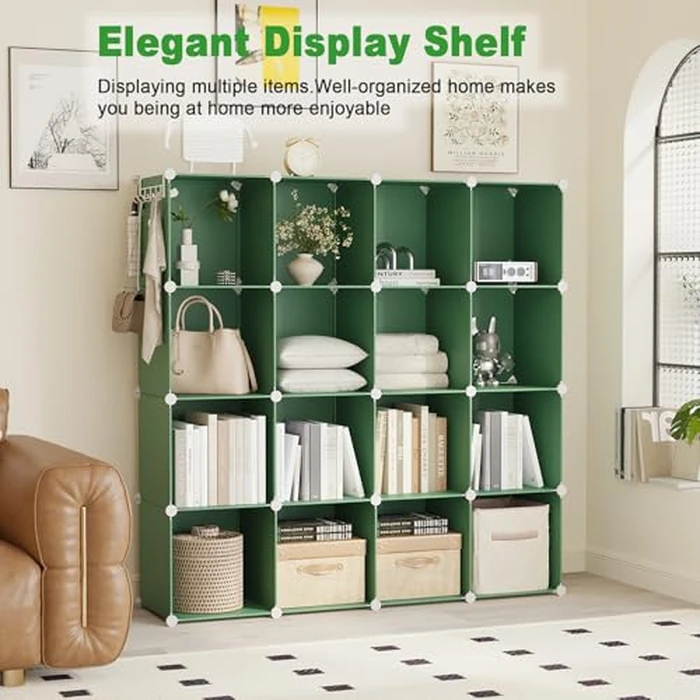 C&AHOME Cube Storage Organizer, 16-Cube Shelves Units, Plastic Storage Cubes, DIY Closet Organizer, Modular Closet Storage Shelves Ideal for Home, Bedroom, 48.4" L x 12.4" W x 48.4" H Green UPCS16GN by C&AHOME - Image 3