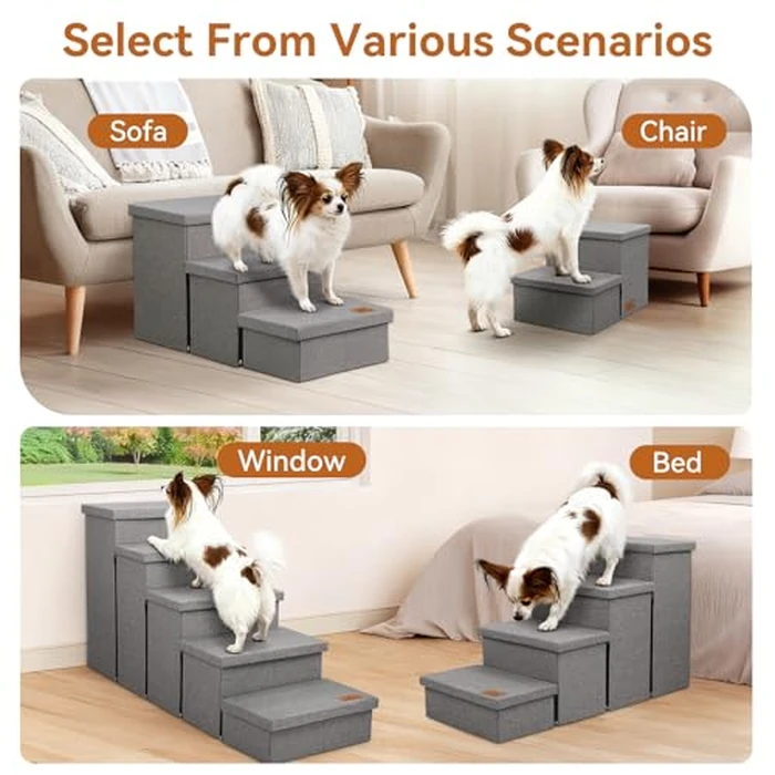 Dog Stairs with Storage 12" H, 2-Step Wider Dog Steps for Dogs Cats, Folding Sturdy Pet Stairs Climbing Sofa Couch, Ramp for Car Hold Up to 150 lbs (Gray, No Condo) by Zerbuger - Image 2