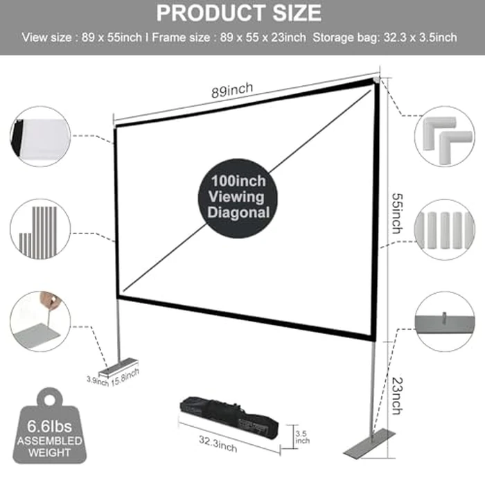Projector Screen with Stand 100 inch Portable Projection Screen 16:9 4K HD Rear Front Projections Movies Screen with Carry Bag for Indoor Outdoor Home Theater Backyard Cinema Travel by SKERELL - Image 3