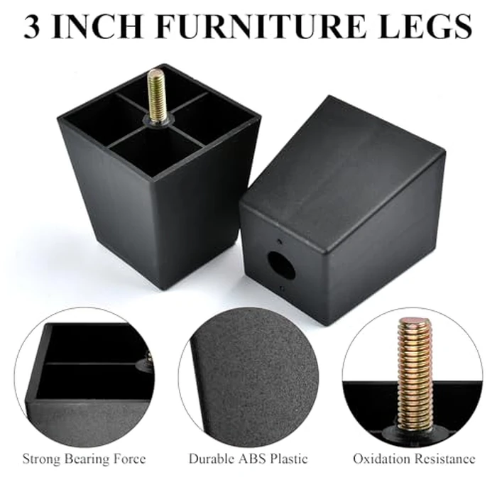 Supkiir 8 Pack 3 Inch Square Tapered Sofa Legs, Plastic Furniture Legs with T-Nuts Screws, Black Screw-in Replacement Coach Legs for Sofas Chairs Cabinets Dressers Beds by Supkiir - Image 4