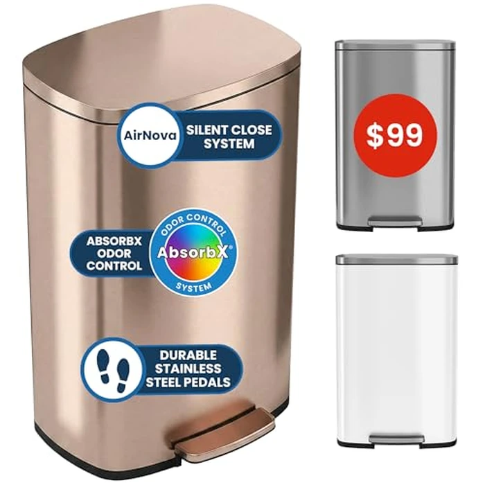 iTouchless SoftStep 50 Litre / 13 Gallon Kitchen Step Garbage Can with Odor Filter System, Pedal Stainless Steel Garbage Bin for Home, Office, Business, Silent & Gentle Lid Open and Close, Rose Gold by iTouchless - Used - Good condition - CA$83.88
