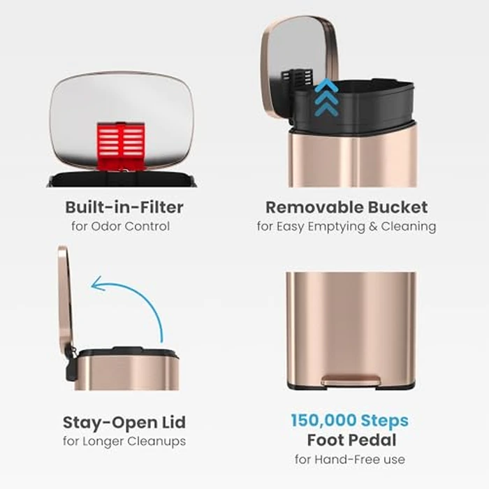 iTouchless SoftStep 50 Litre / 13 Gallon Kitchen Step Garbage Can with Odor Filter System, Pedal Stainless Steel Garbage Bin for Home, Office, Business, Silent & Gentle Lid Open and Close, Rose Gold by iTouchless - Image 3