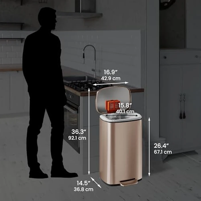 iTouchless SoftStep 50 Litre / 13 Gallon Kitchen Step Garbage Can with Odor Filter System, Pedal Stainless Steel Garbage Bin for Home, Office, Business, Silent & Gentle Lid Open and Close, Rose Gold by iTouchless - Image 7