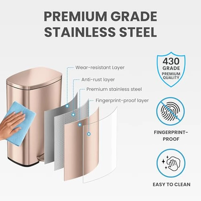iTouchless SoftStep 50 Litre / 13 Gallon Kitchen Step Garbage Can with Odor Filter System, Pedal Stainless Steel Garbage Bin for Home, Office, Business, Silent & Gentle Lid Open and Close, Rose Gold by iTouchless - Image 8