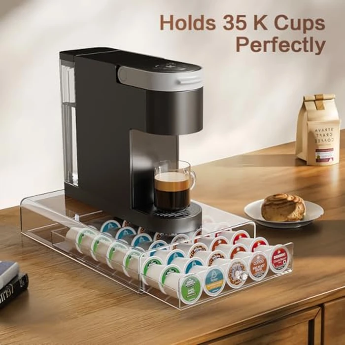 Crystal Clear Acrylic K Cup Organizer Coffee Pod Storage Box, 35 Pods Coffee Pods and Tea Organizer Holder, K Pod Drawer Coffee Maker Stand, Organizador De Cafe, Kcup Drawer Organizer Under Brewer by iMMDOKIN - Image 2
