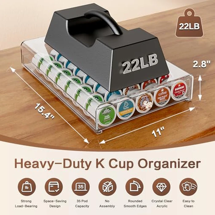 Crystal Clear Acrylic K Cup Organizer Coffee Pod Storage Box, 35 Pods Coffee Pods and Tea Organizer Holder, K Pod Drawer Coffee Maker Stand, Organizador De Cafe, Kcup Drawer Organizer Under Brewer by iMMDOKIN - Image 3