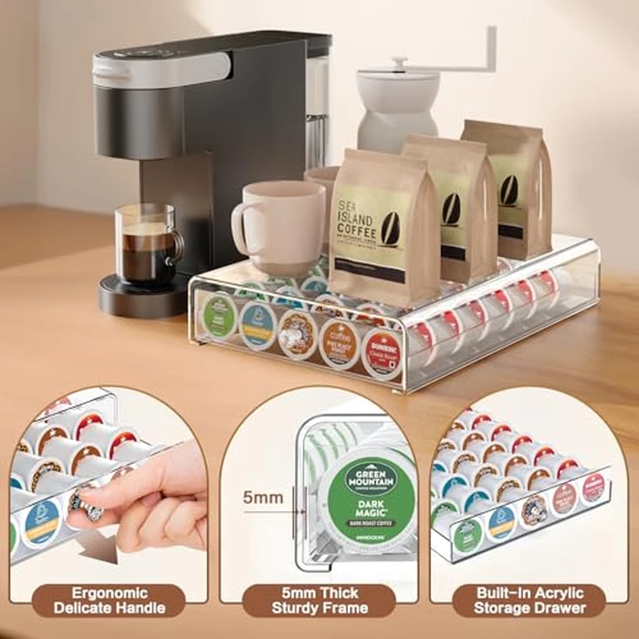 Crystal Clear Acrylic K Cup Organizer Coffee Pod Storage Box, 35 Pods Coffee Pods and Tea Organizer Holder, K Pod Drawer Coffee Maker Stand, Organizador De Cafe, Kcup Drawer Organizer Under Brewer by iMMDOKIN - Image 4