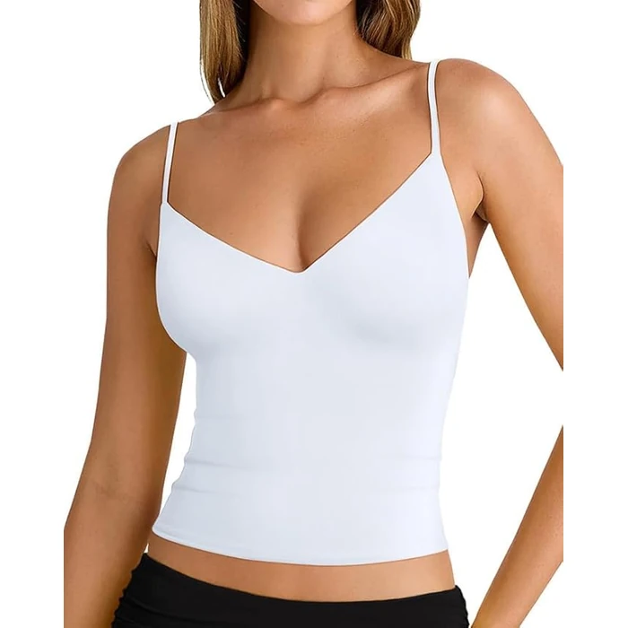PINKMSTYLE 2026 Womens Camisole Double Lined Tank Tops V Neck Spaghetti Strap Sleeveless Tops White Medium by PINKMSTYLE - Image 4