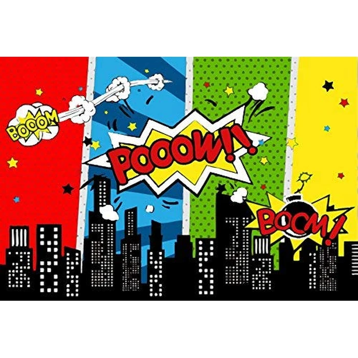 Yeele 9x6ft Cartoon Comic City Super Hero Photography Backdrop Vinyl Humor Abstract Superhero Baby Shower Photo Background For Girl Kid Birthday Party Photo Video Shoot Studio Prop Wallpaper by Yeele - Image 1