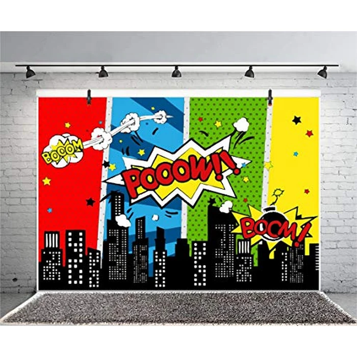 Yeele 9x6ft Cartoon Comic City Super Hero Photography Backdrop Vinyl Humor Abstract Superhero Baby Shower Photo Background For Girl Kid Birthday Party Photo Video Shoot Studio Prop Wallpaper by Yeele - Image 2