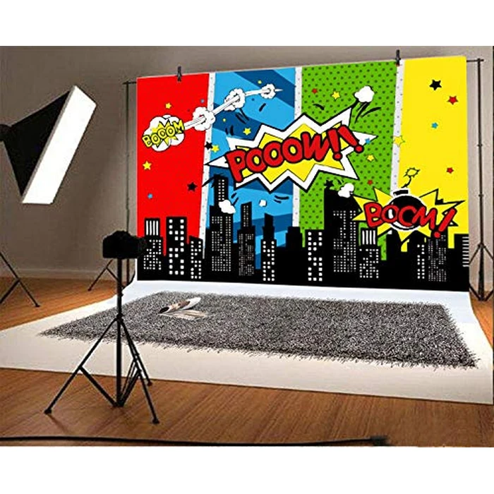Yeele 9x6ft Cartoon Comic City Super Hero Photography Backdrop Vinyl Humor Abstract Superhero Baby Shower Photo Background For Girl Kid Birthday Party Photo Video Shoot Studio Prop Wallpaper by Yeele - Image 3