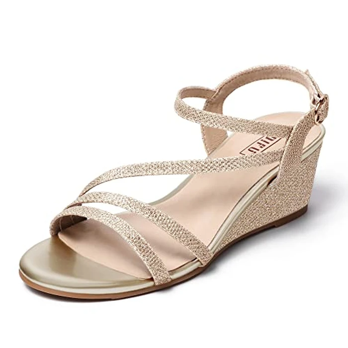 IDIFU Women's Wedge Heel Sandal Dress Low Strappy 2 Inch Open Toe Wedding Bridal Shoes for Woman Ladies Evening Formal(Gold Glitter, 8 M US) by IDIFU - Image 1
