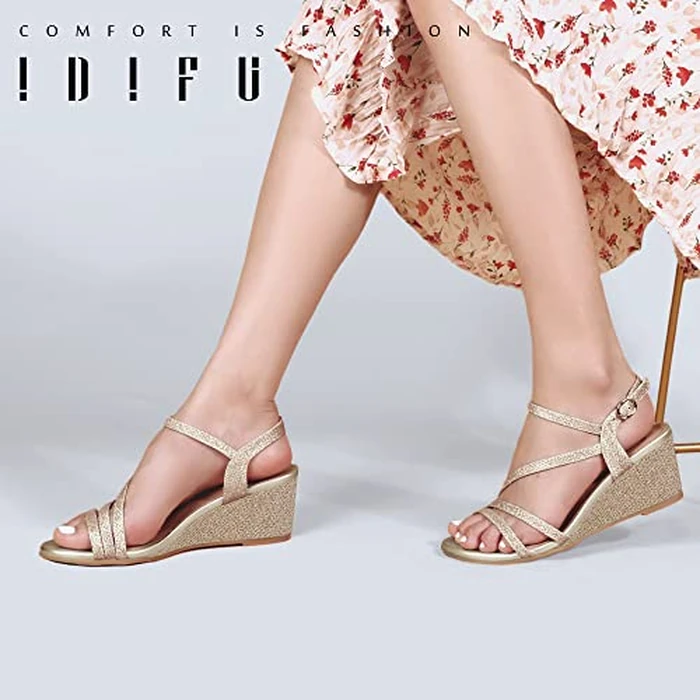 IDIFU Women's Wedge Heel Sandal Dress Low Strappy 2 Inch Open Toe Wedding Bridal Shoes for Woman Ladies Evening Formal(Gold Glitter, 8 M US) by IDIFU - Image 2