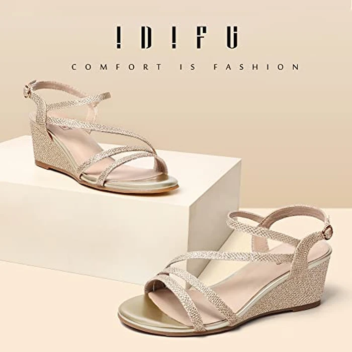 IDIFU Women's Wedge Heel Sandal Dress Low Strappy 2 Inch Open Toe Wedding Bridal Shoes for Woman Ladies Evening Formal(Gold Glitter, 8 M US) by IDIFU - Image 3