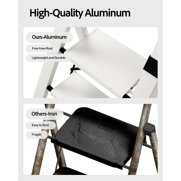 Taranta 4 Step Ladder, Lightweight Aluminum Step Stool with Convenient Handgrip, Folding Ladder with Anti-Slip Pedals, 330lbs Capacity Stepladder for Home, Office, Kitchen - White by taranta - Image 2