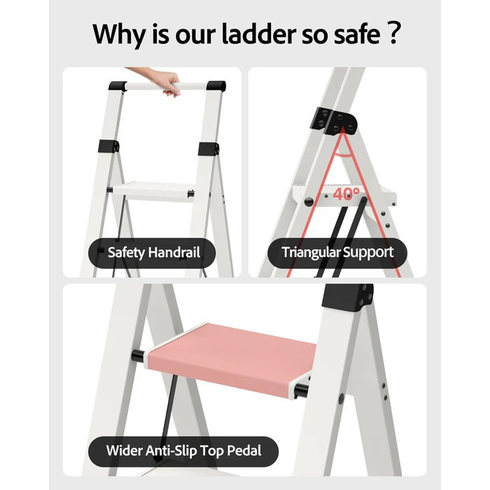 Taranta 4 Step Ladder, Lightweight Aluminum Step Stool with Convenient Handgrip, Folding Ladder with Anti-Slip Pedals, 330lbs Capacity Stepladder for Home, Office, Kitchen - White by taranta - Image 3