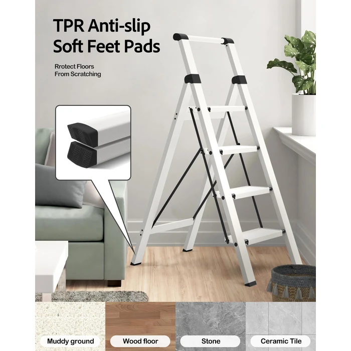 Taranta 4 Step Ladder, Lightweight Aluminum Step Stool with Convenient Handgrip, Folding Ladder with Anti-Slip Pedals, 330lbs Capacity Stepladder for Home, Office, Kitchen - White by taranta - Image 5