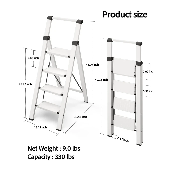Taranta 4 Step Ladder, Lightweight Aluminum Step Stool with Convenient Handgrip, Folding Ladder with Anti-Slip Pedals, 330lbs Capacity Stepladder for Home, Office, Kitchen - White by taranta - Image 6