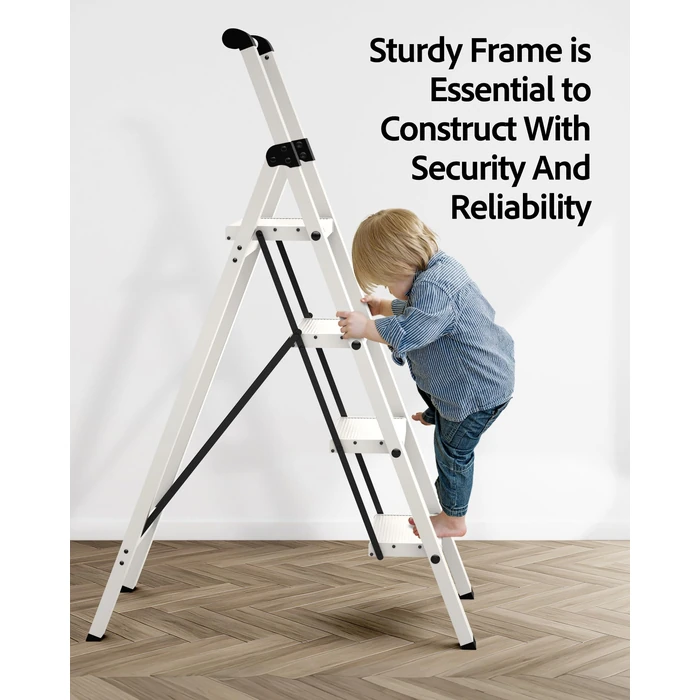 Taranta 4 Step Ladder, Lightweight Aluminum Step Stool with Convenient Handgrip, Folding Ladder with Anti-Slip Pedals, 330lbs Capacity Stepladder for Home, Office, Kitchen - White by taranta - Image 7