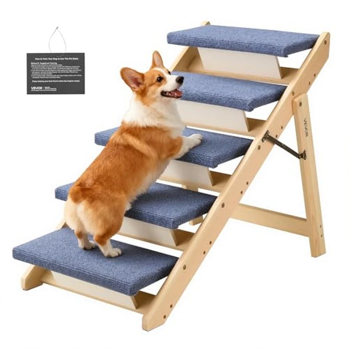 VEVOR Wood Pet Stairs, 5-Step Dog Stairs for Beds, Sofa & Cars, 150lbs Load Capacity, Floded Flat Design, Stable & Sturdy Cat & Dog Step Ladder for Small Medium Large Older Pet Puppy Essentials by VEVOR - Used - Very Good condition