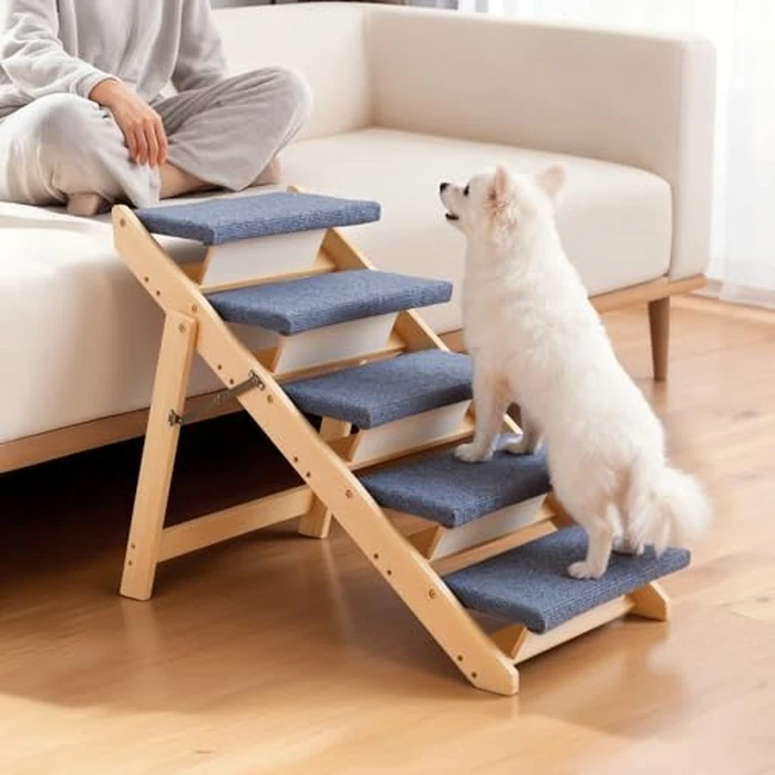 VEVOR Wood Pet Stairs, 5-Step Dog Stairs for Beds, Sofa & Cars, 150lbs Load Capacity, Floded Flat Design, Stable & Sturdy Cat & Dog Step Ladder for Small Medium Large Older Pet Puppy Essentials by VEVOR - Image 2