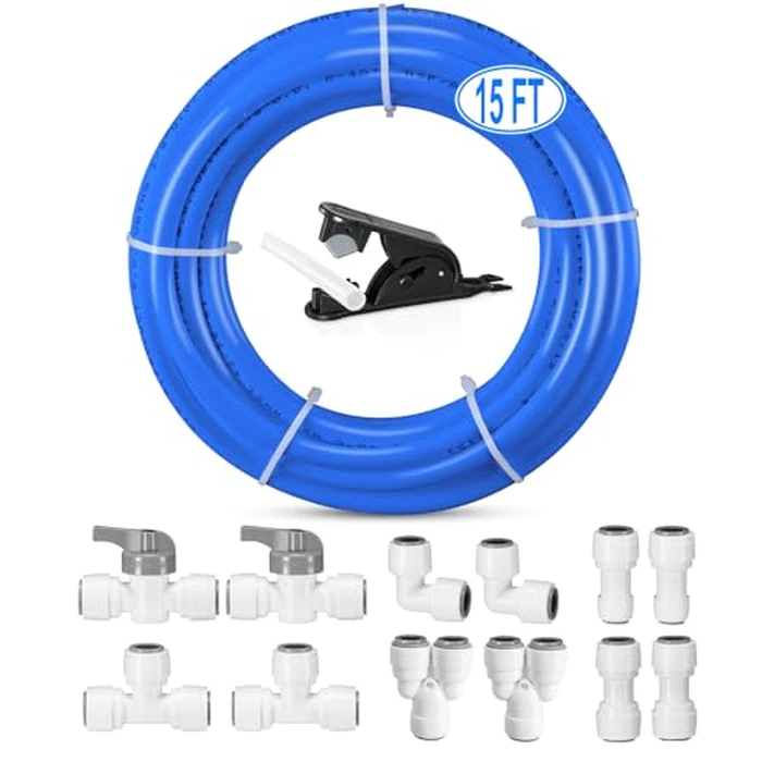 3/8" O.D.RO Water Tubing,15FT Food Grade PE Water Line+12Pcs 3/8" Quick Connect Fittings for RO Reverse Osmosis Water Purifier Filter System(Plastic Tubing+Ball Valve+T+Y+L+I+1/4"-3/8" fitting+Cutter) by HAOCHEN - Used - Like New condition